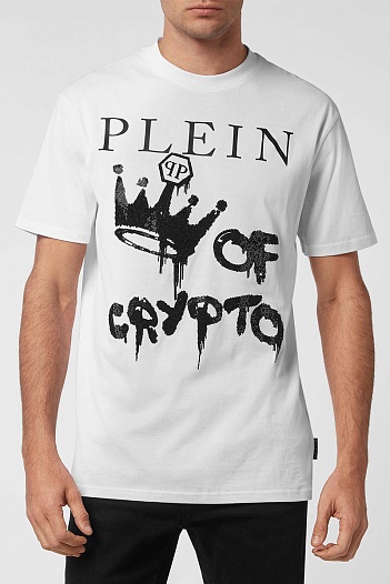 Белая футболка со стразами Philipp Plein king of crypto   