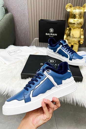 Кожаные кроссовки с мехом Balmain low-top - Blue / White   