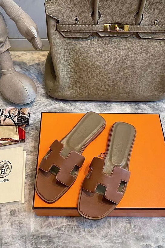 Женские кожаные шлёпанцы Hermes Premium - Brown