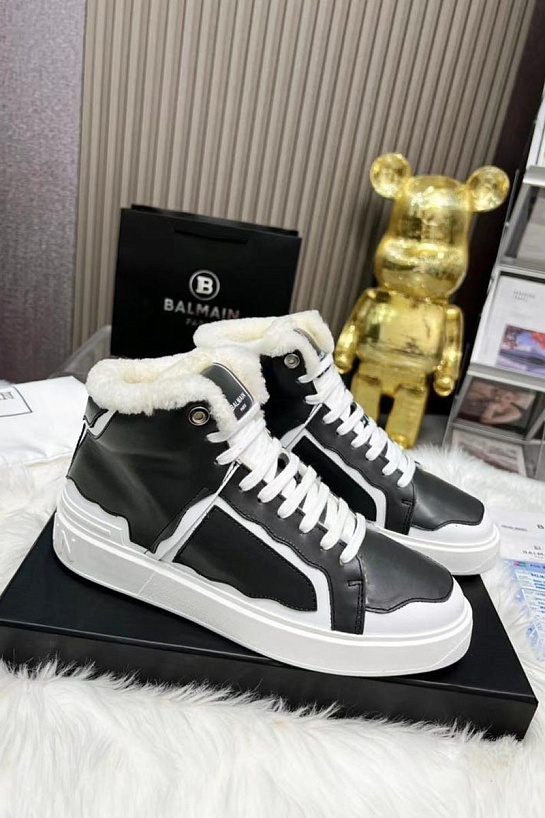 Кожаные кроссовки с мехом Balmain high-top - Black / White