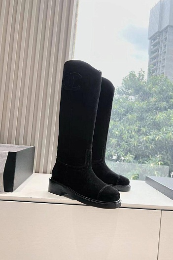 Женские замшевые сапоги Chanel Premium - Black   