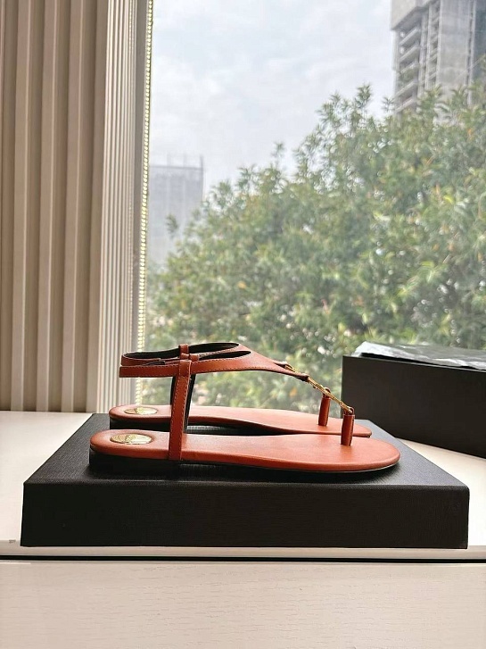 Женские кожаные сандалии Yves Saint Laurent Premium - Brown