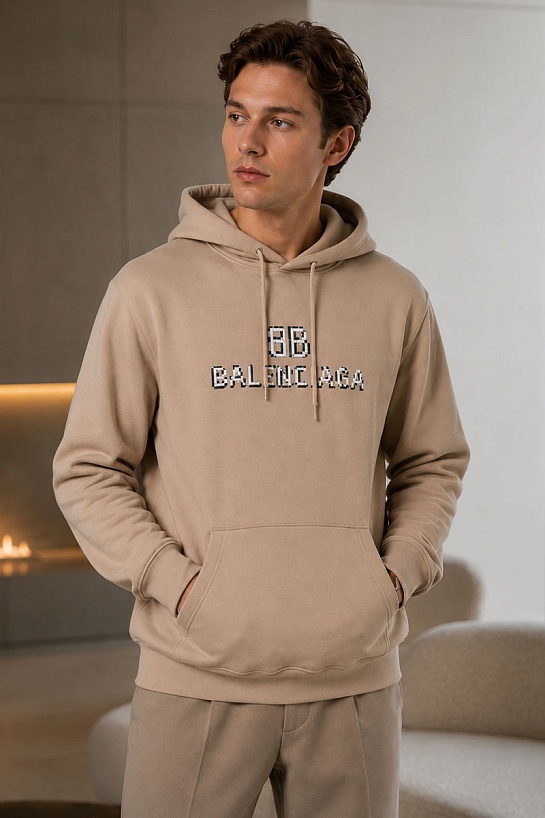 Бежевое оверсайз худи Balenciaga Pixel Logo