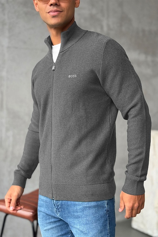Серая кофта на молнии Hugo Boss logo-embroidered