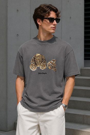 Серая оверсайз футболка Palm Angels Leopard Bear   