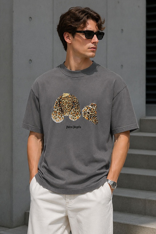 Серая оверсайз футболка Palm Angels Leopard Bear