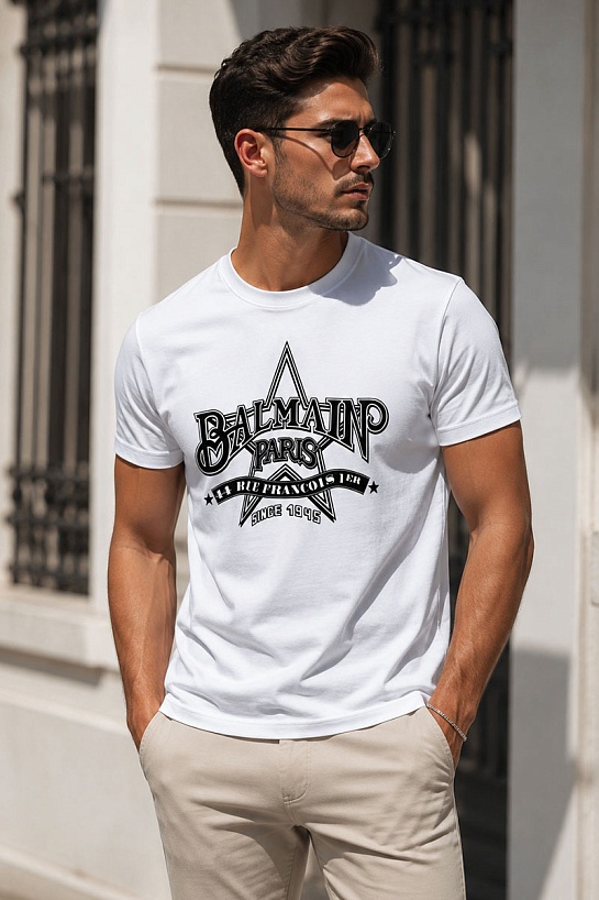 Мужская белая футболка Balmain Star logo-print