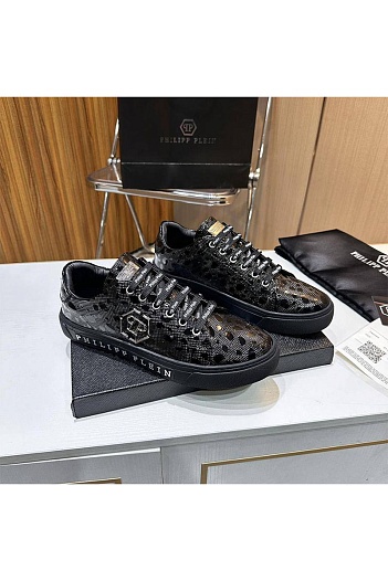 Мужские кожаные кроссовки Philipp Plein чёрного цвета   
