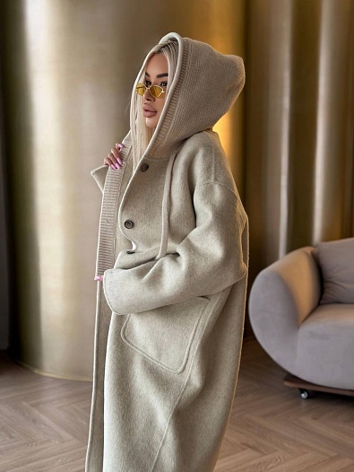 Женское шерстяное пальто с капюшоном MIU MIU Premium - Beige   