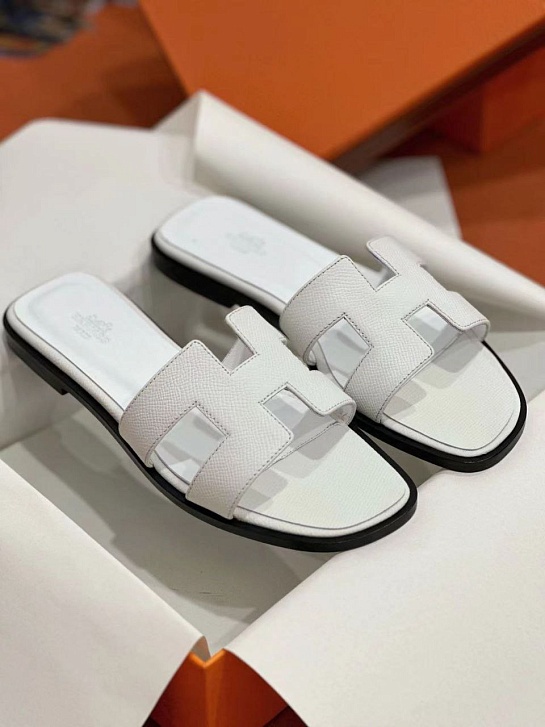 Женские кожаные шлёпанцы Hermes Premium - White