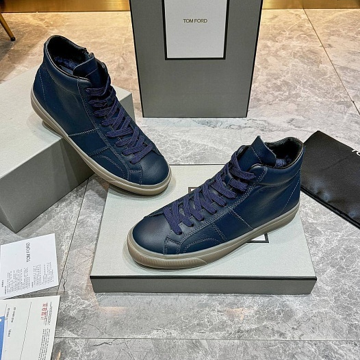 Кожаные кроссовки с мехом Tom Ford high-top - Navy   