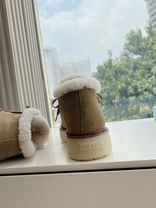 Женские замшевые ботинки с мехом Prada Premium - Brown