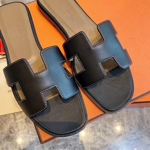 Женские кожаные шлёпанцы Hermes Premium - Black   