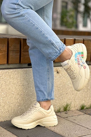 Женские кожаные кроссовки The North Face x Gucci Rhyton - Beige   