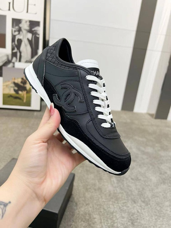 Женские кожаные кроссовки Chanel premium - Black