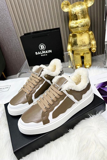 Кожаные кроссовки с мехом Balmain low-top - Beige / White   