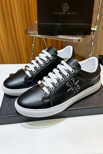 Мужские кожаные кроссовки Philipp Plein чёрного цвета   