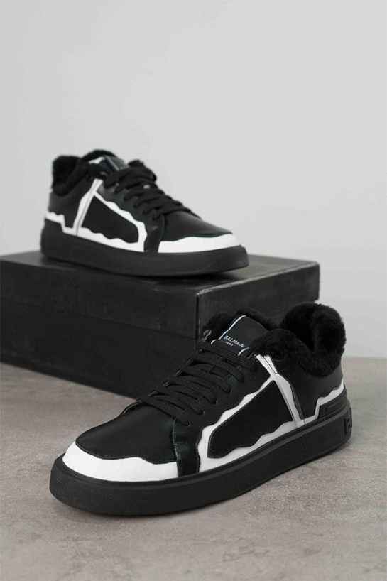 Кожаные кроссовки с мехом Balmain low-top - Black / White
