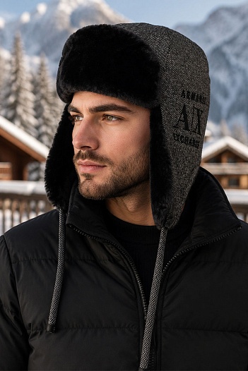 Шапка-ушанка серого цвета Armani Exchange   