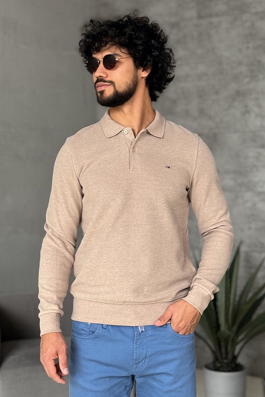 Бежевое поло с длинным рукавом Tommy Hilfiger