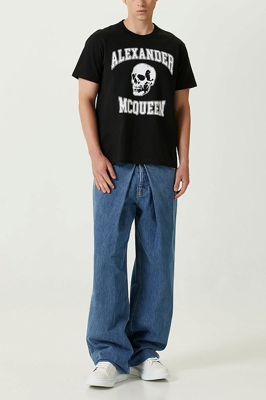 Мужская чёрная футболка Alexander McQueen Skull white logo-print