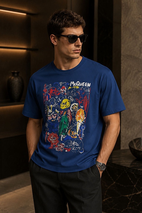 Мужская синяя футболка Alexander McQueen graphic skull