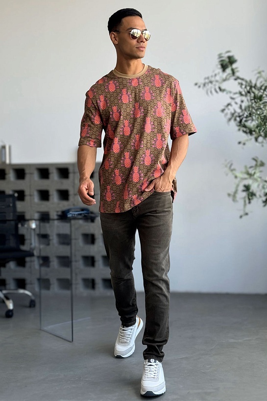 Брендовая оверсайз футболка Gucci Pineapples - Brown