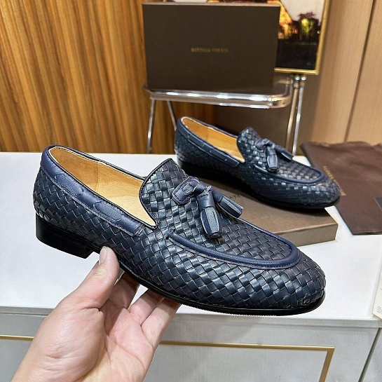 Мужские кожаные лоферы Bottega Veneta Intrecciato - Navy