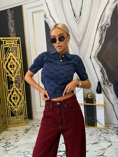 Синее женское поло Gucci GG monogram-pattern   