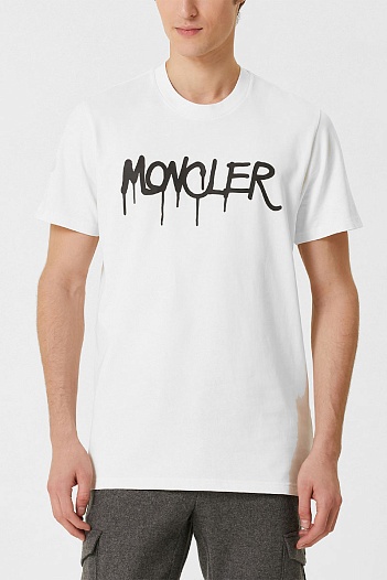 Мужская белая футболка Moncler spray logo-print   