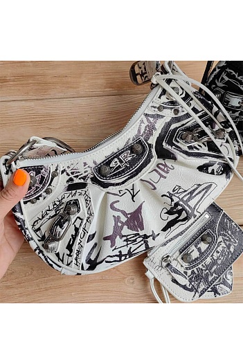 Кожаная сумка Balenciaga Le Cagole Graffiti White 25x12 см   