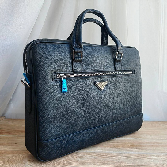 Мужская кожаный портфель Prada 38x28 см - Black