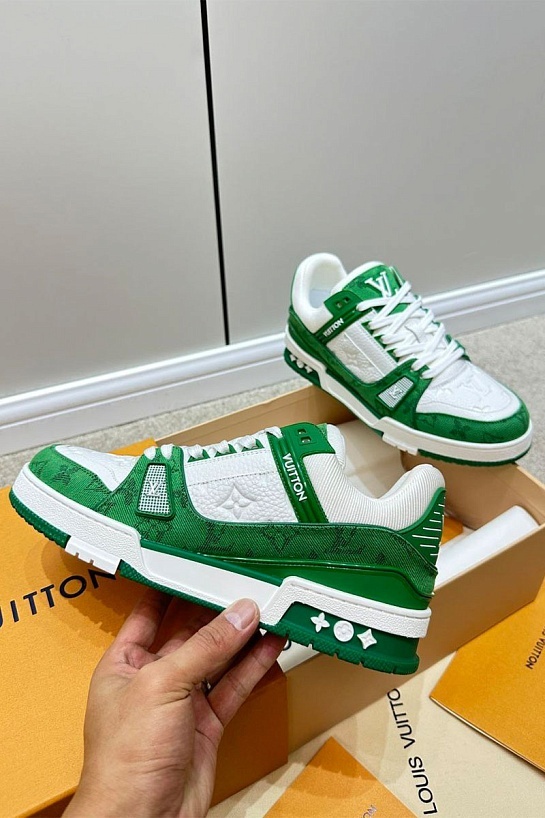 Кожаные кроссовки Louis Vuitton Trainer Monogram - White / Green
