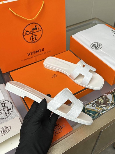 Женские кожаные шлёпанцы Hermes Premium - White   