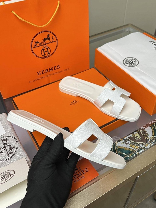 Женские кожаные шлёпанцы Hermes Premium - White