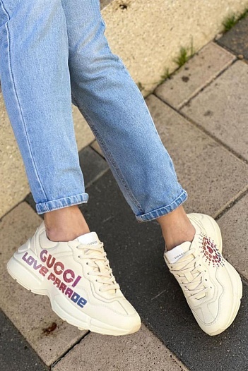 Женские кожаные кроссовки Pablo Delcielo x Gucci Rhyton Love Parade - Beige   