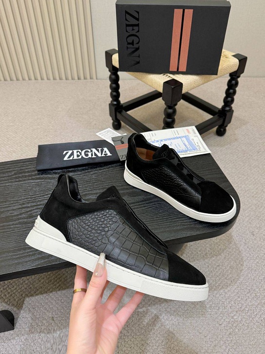 Мужские кроссовки Zegna Triple Stitch Alligator - Black