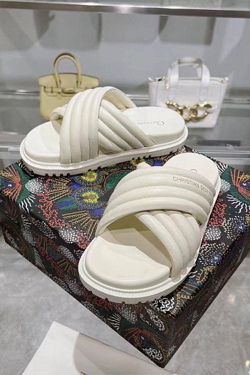 Женские кожаные шлёпанцы Dior D-Cross - White   