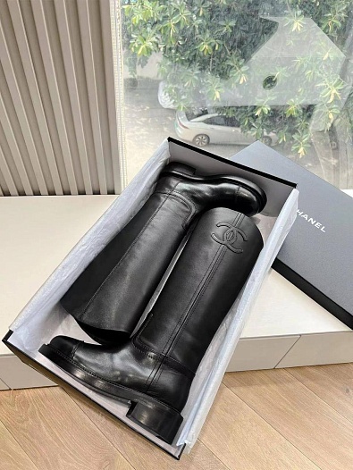 Женские кожаные сапоги Chanel Premium - Black   