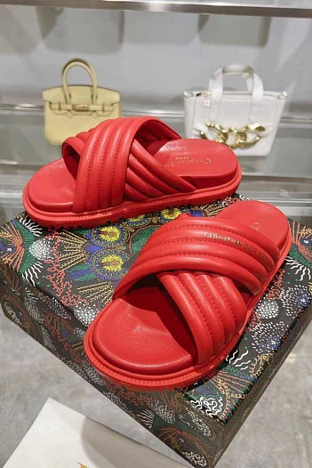 Женские кожаные шлёпанцы Dior D-Cross - Red   