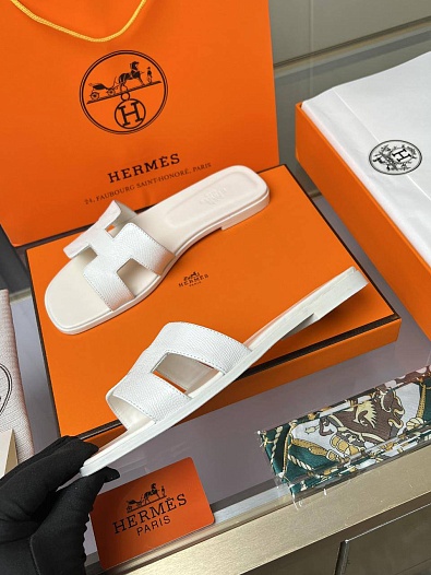 Женские кожаные шлёпанцы Hermes Premium - White   
