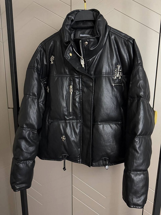 Женская пуховая куртка из эко кожи Chrome Hearts