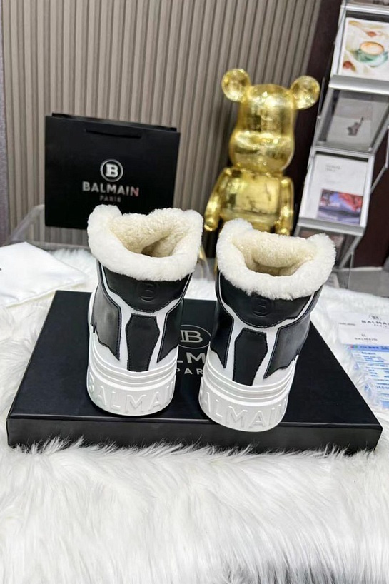Кожаные кроссовки с мехом Balmain high-top - Black / White