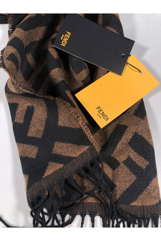 Мужской тёмно-коричневый шарф Fendi FF Monogram 185x35 см