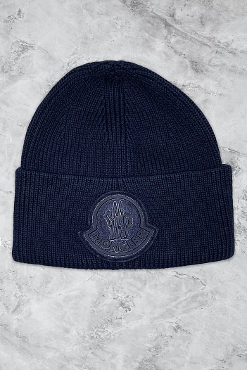 Мужская шапка тёмно-синего цвета Moncler logo-patch   
