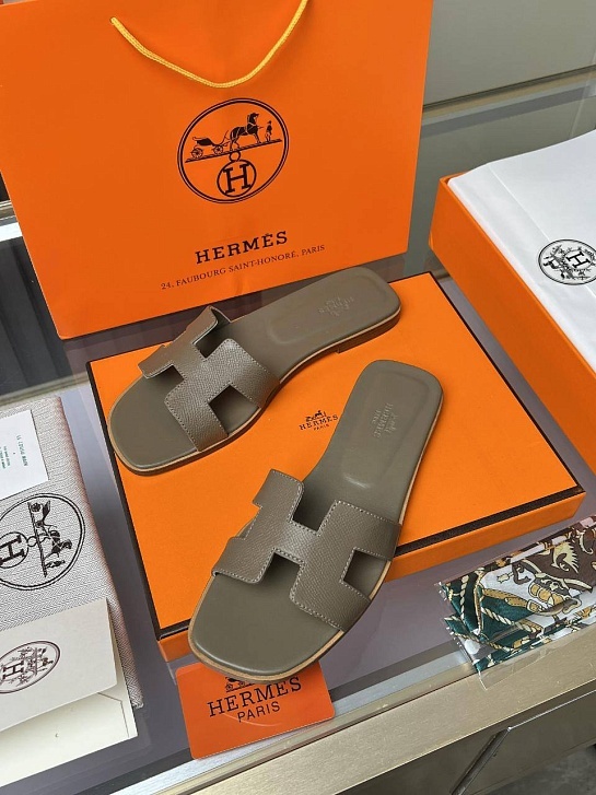 Женские кожаные шлёпанцы Hermes Premium - Brown