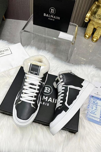 Кожаные кроссовки с мехом Balmain high-top - Black / White   