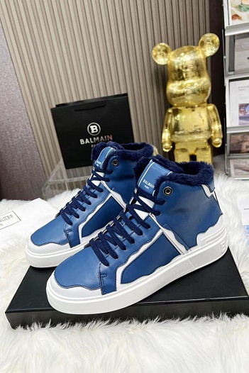 Кожаные кроссовки с мехом Balmain high-top - Blue / White   