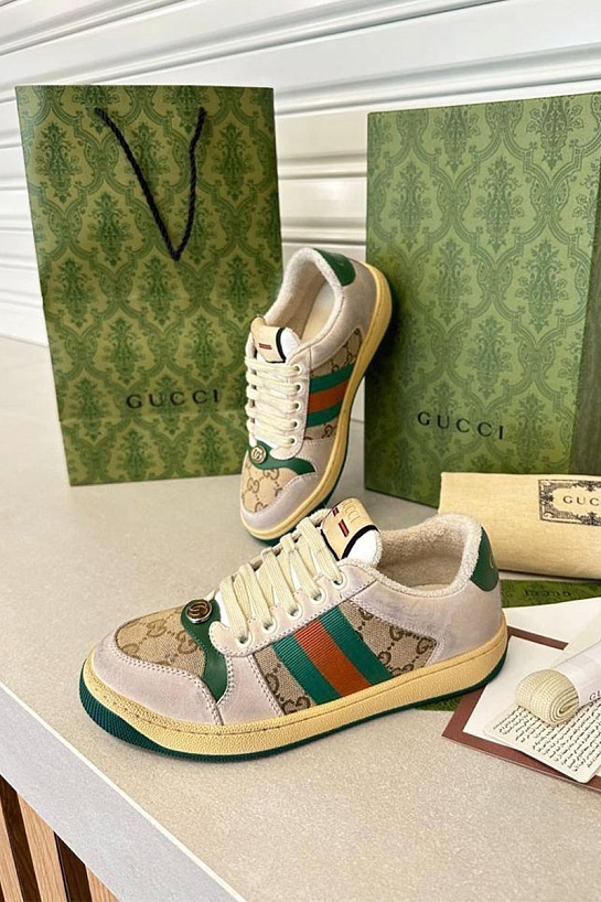 Женские кожаные кроссовки Gucci GG Screener - Beige / Green