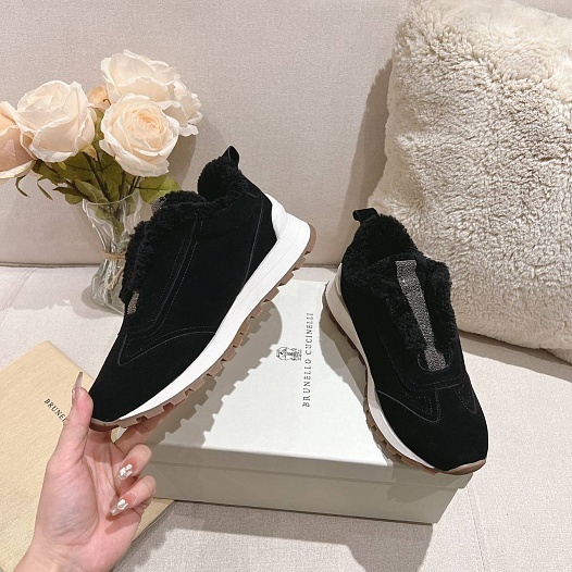 Женские замшевые кроссовки с мехом Brunello Cucinelli Premium   